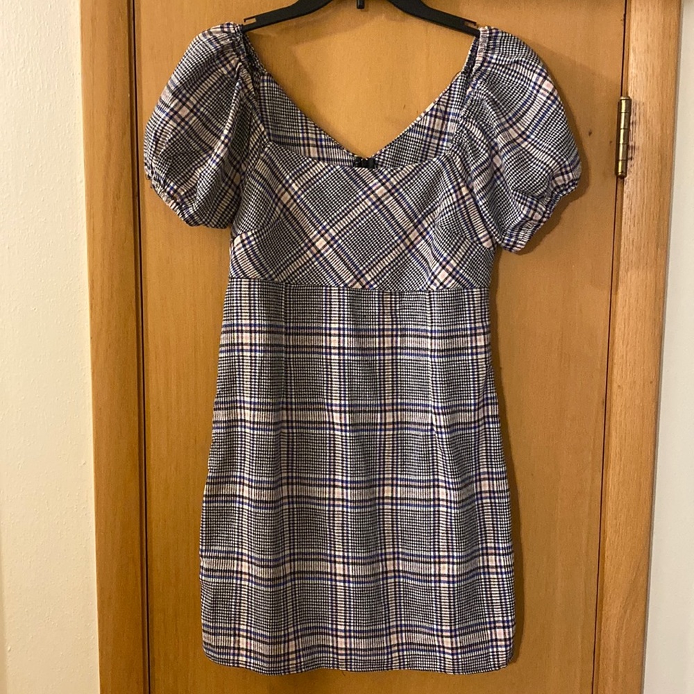 Altar’d State Plaid Puff Sleeve Mini Dress New Black White Size Medium